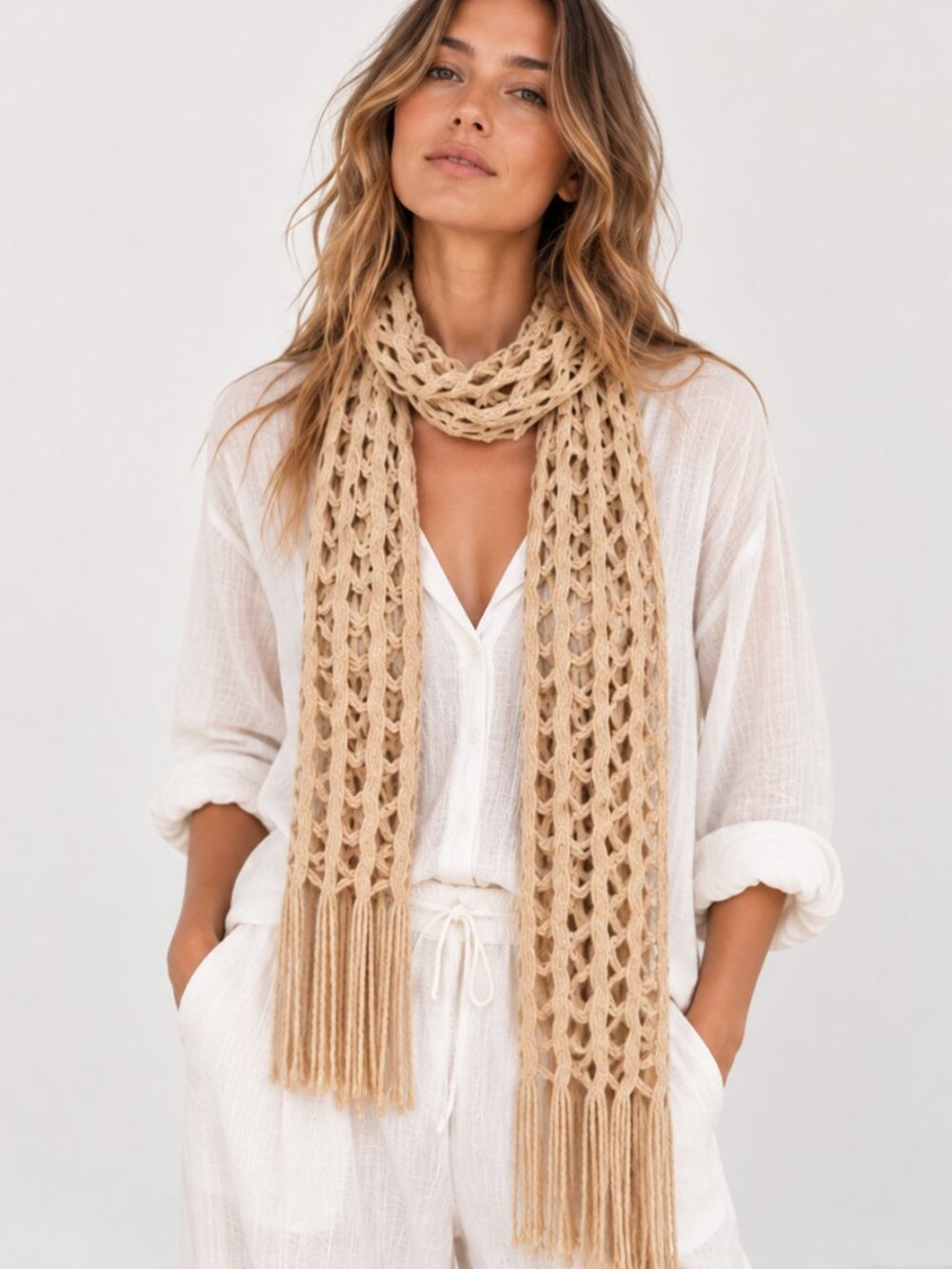 Cream Beige Open Knit Crochet Scarf Fishnet Boho Fringe Festival Shawl EUC